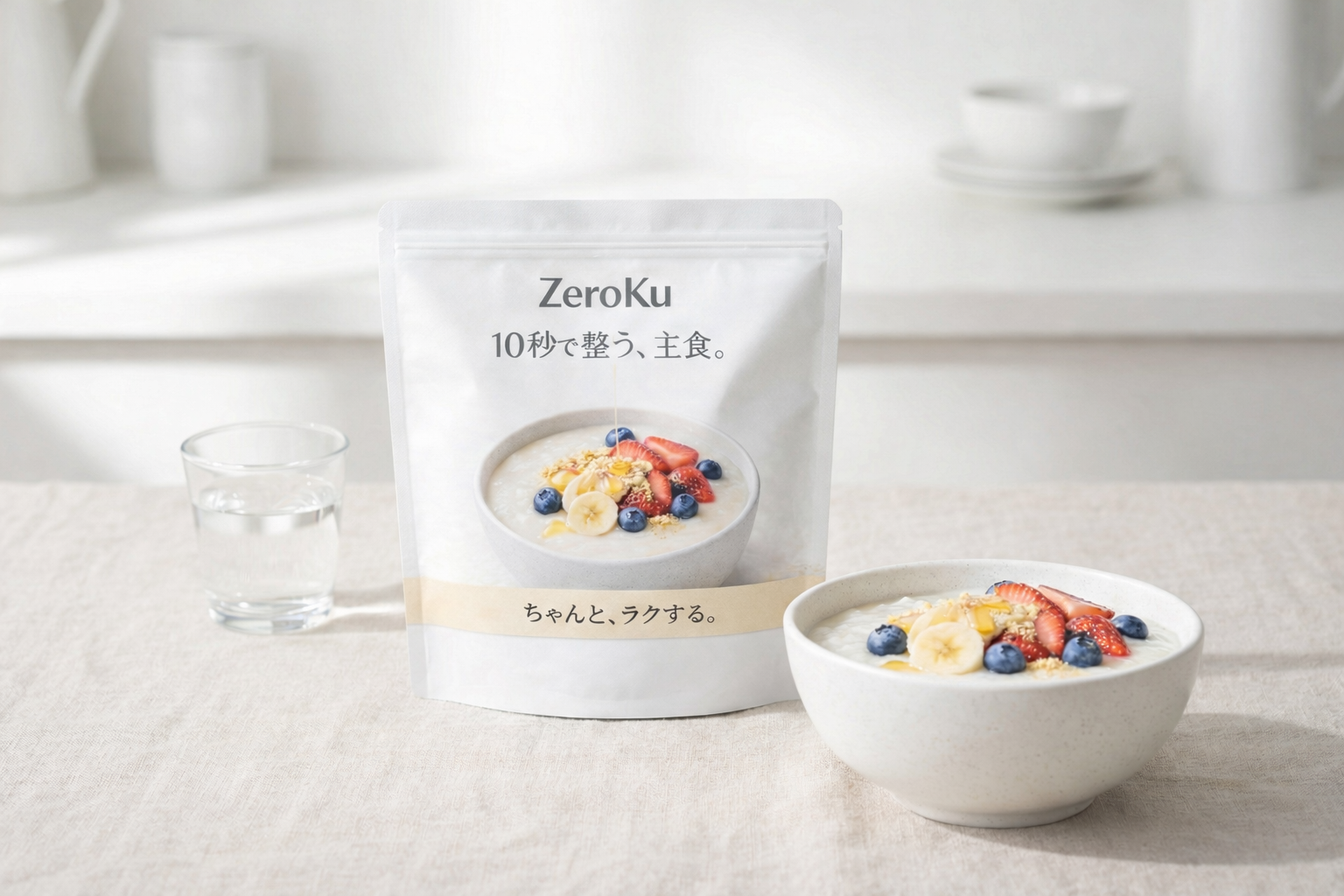 ZeroKu Cream of Rice - 10秒で整う、主食。パッケージと調理例